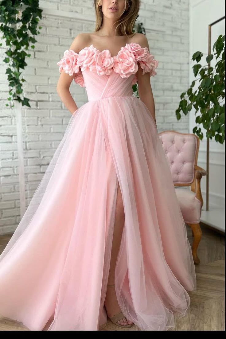 Pink Floral Prom Dresses Off The Shoulder Evening Gown Tulle Long Prom Dress