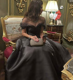 Vintage Black High Low Prom Dresses Ball Gown Long Satin Simple Evening Gowns Off Shoulder Elegant Women Special Occasion Dress