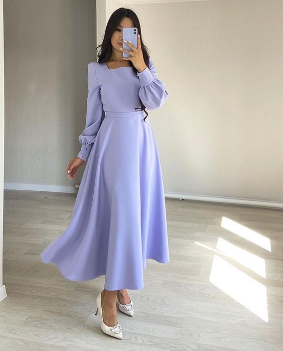 Evening Dresses Women Long Sleeve Square Neck Modest Ankle Length Formal Gowns