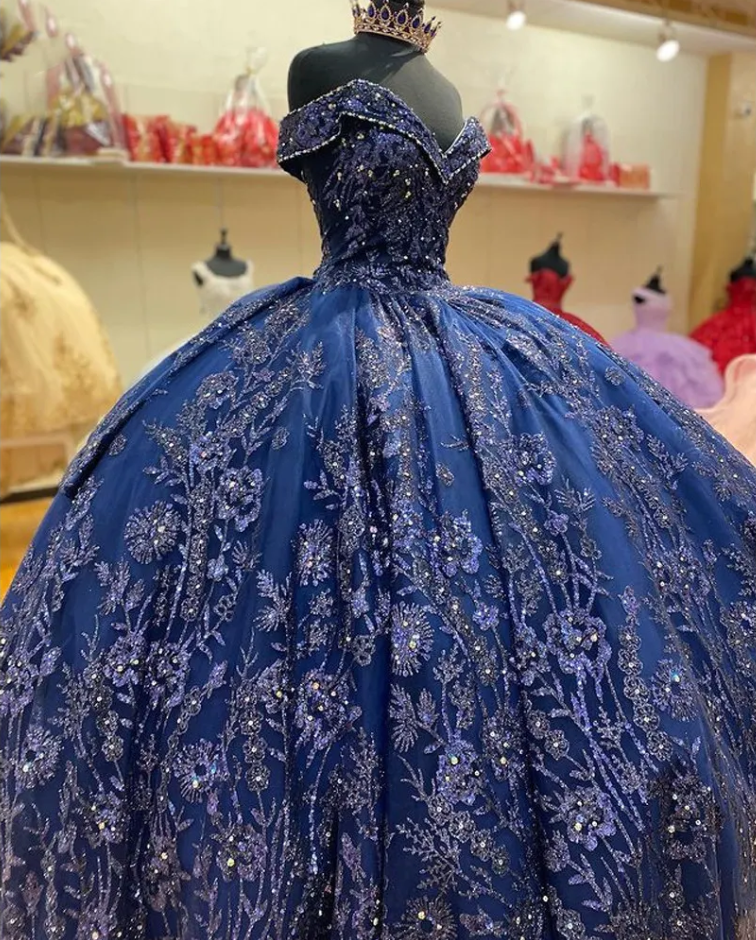 A Line Navy Blue Off The Shoulder Quinceanera Dresses Sweet 16 Dress Ball Gown
