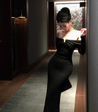Tube Top Dress Long Sleeves Temperament Slim Fit Hip-hugging Black Long Dress R1522