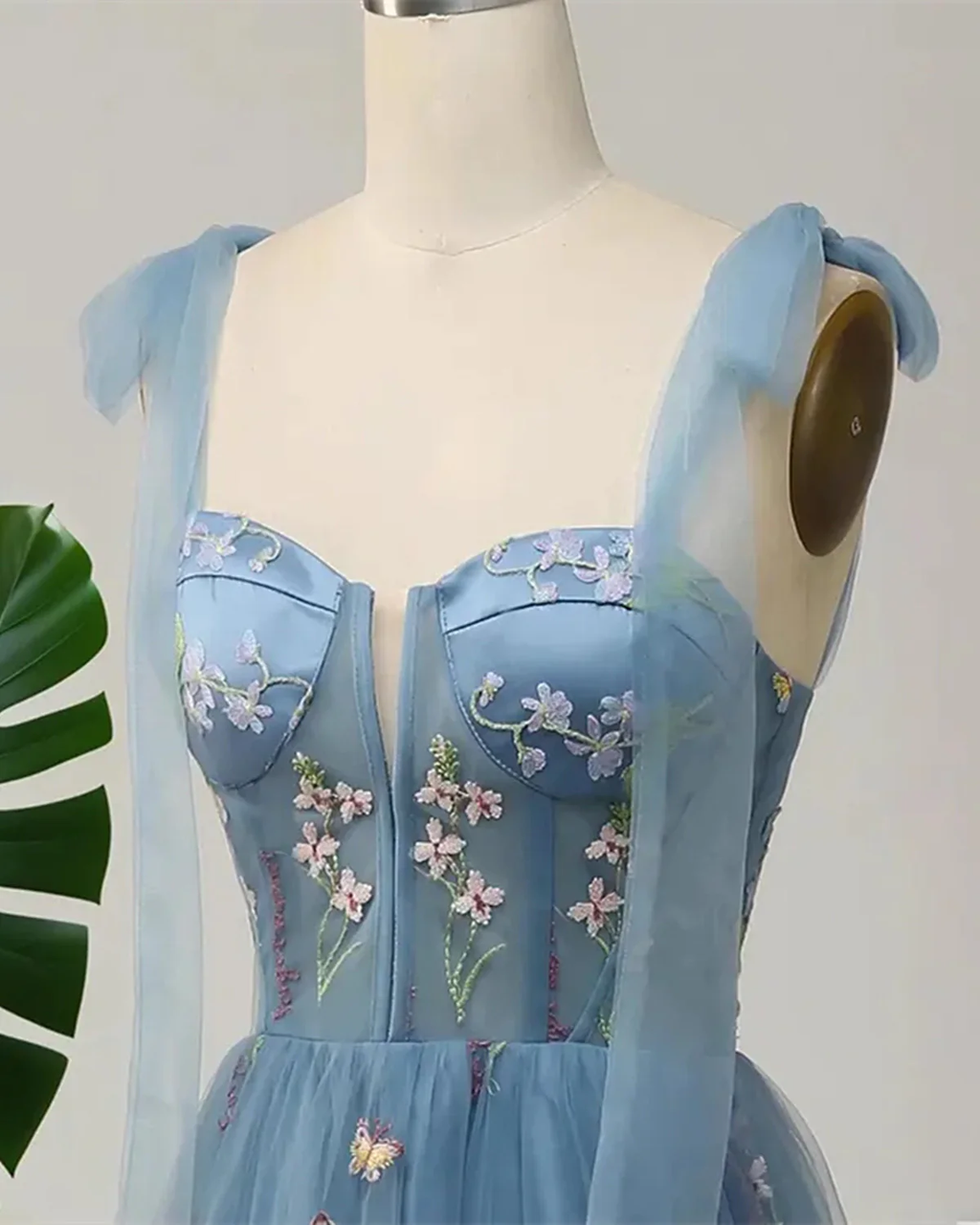 Blue Floral Embroidery Tulle Prom Dress A Line Fairy Gown Blue Party Dress