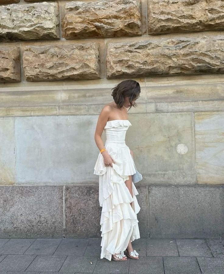 Elegant Strapless White Prom Dress Layered Satin Party Evening Gown  cc1652