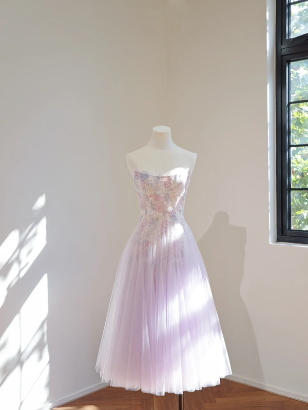 Light purple floral print strapless fitted A-line ball gown, bridal dress R8450