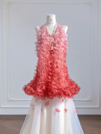 Pink gradient halter neck top and white tulle skirt set for a prom dress R8275