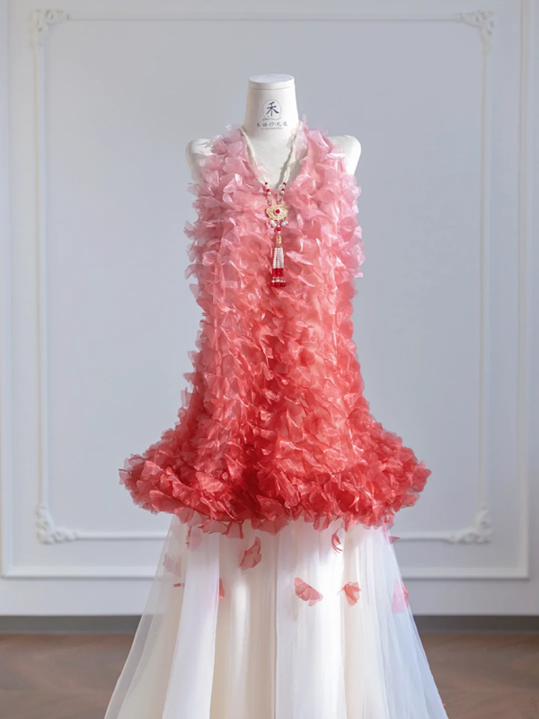 Pink gradient halter neck top and white tulle skirt set for a prom dress R8275
