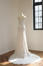 White strapless, fitted, floral print, long ball gown/bridal dress R8546