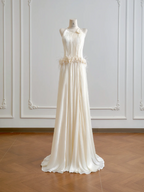 Light apricot halter neck fitted waist long elegant ball gown R8190