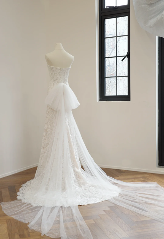White strapless, fitted, floral print, long ball gown/bridal dress R8546
