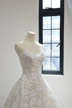 White lace floral strapless dress with a fitted waist and full skirt, long ball gown/bridal gown R8486
