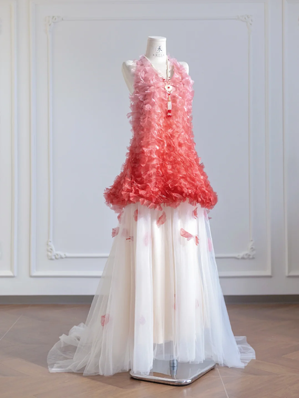 Pink gradient halter neck top and white tulle skirt set for a prom dress R8275