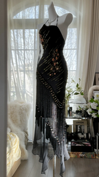 Black halter-neck, fitted waist, bodycon sexy long ball gown R7669