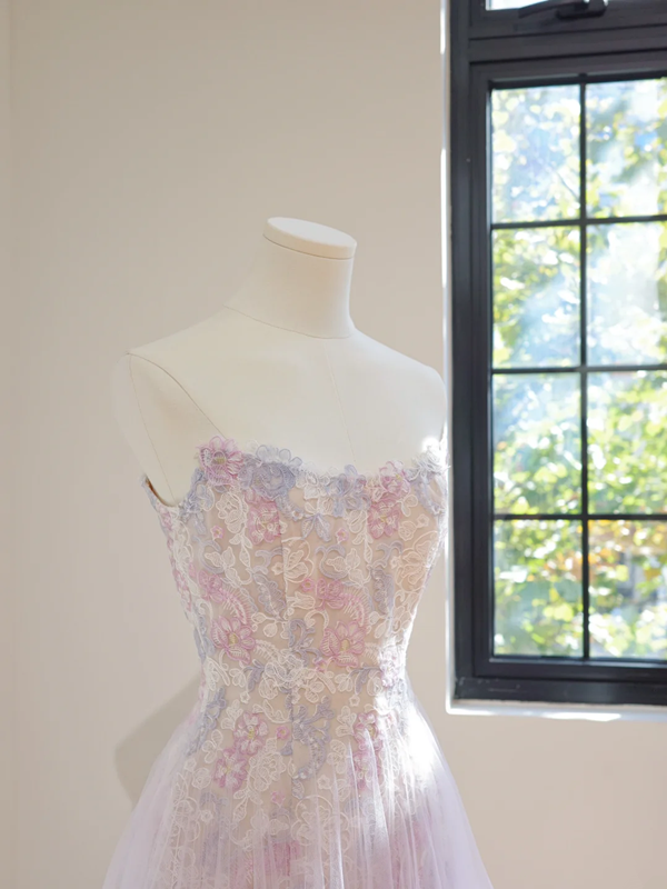 Light purple floral print strapless fitted A-line ball gown, bridal dress R8450