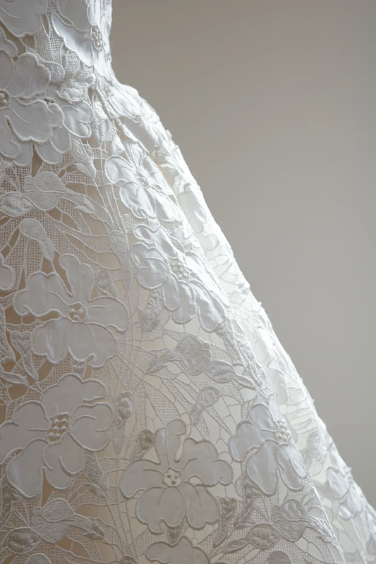 White lace floral strapless dress with a fitted waist and full skirt, long ball gown/bridal gown R8486