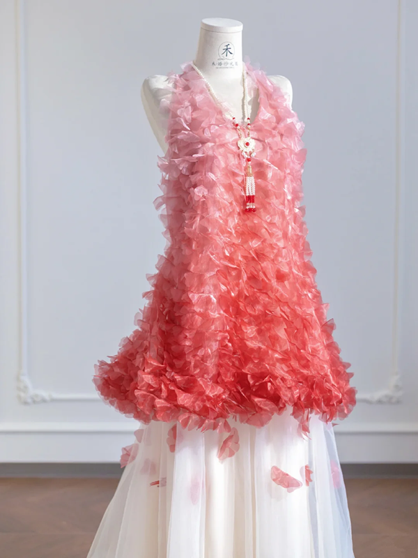 Pink gradient halter neck top and white tulle skirt set for a prom dress R8275