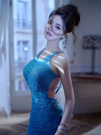 Sexy blue halter-neck, fitted waist, backless, and slit ball gown R7074