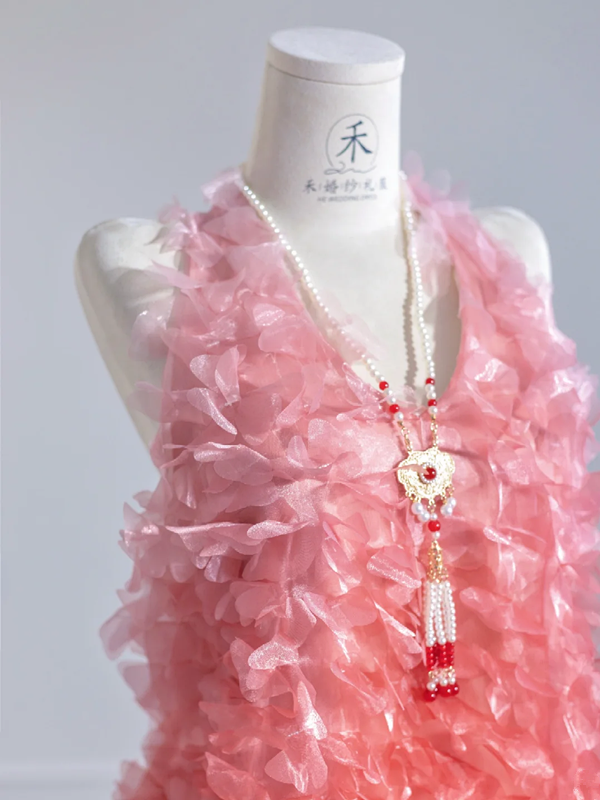 Pink gradient halter neck top and white tulle skirt set for a prom dress R8275