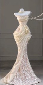 Light Pink Strapless Waist-Cinched Slim-Fit Lace Sexy Skirt Ball Gown , Bridal Gown R7153
