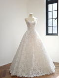 White lace floral strapless dress with a fitted waist and full skirt, long ball gown/bridal gown R8486