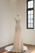 White strapless, fitted, floral print, long ball gown/bridal dress R8546
