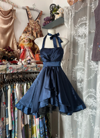 Navy Blue Halter Neck Waist-Cinched Full Skirt Short-Length Ball Gown R7433