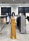Gold strapless, fitted, bodycon, sexy long ball gown R7901