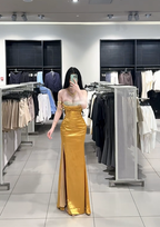 Gold strapless, fitted, bodycon, sexy long ball gown R7901
