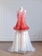 Pink gradient halter neck top and white tulle skirt set for a prom dress R8275