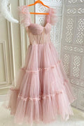 Ruffled Sleeves Tulle Prom Dress, Tiered Ruffled A-line Skirt, Bridesmaid Party Dress, Graduation Dress Y1246
