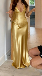 Classy Olive Green V Neck Satin Mermaid Party Dress Long Evening Gown