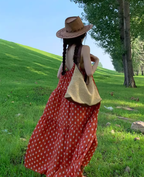 Beach holiday dress travel wear chiffon retro red dress floral loose suspender beach dress R1599