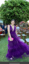 Deep V Neck Purple A-line Tulle Prom Dress,Purple Formal Gown   cc748