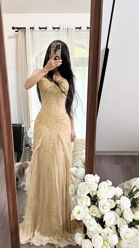 Champagne nude strapless fitted waist bodycon sexy long ball gown R7750