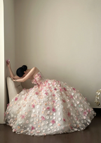 Pink floral one‑shoulder, waist‑cinched, full‑skirted long prom dress R7981