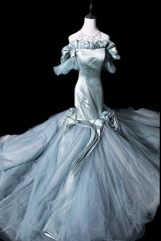 Gray-blue off-shoulder fitted waist bodycon mermaid long ball gown R8699