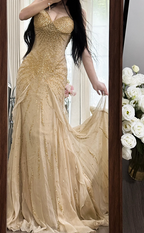 Champagne nude strapless fitted waist bodycon sexy long ball gown R7750
