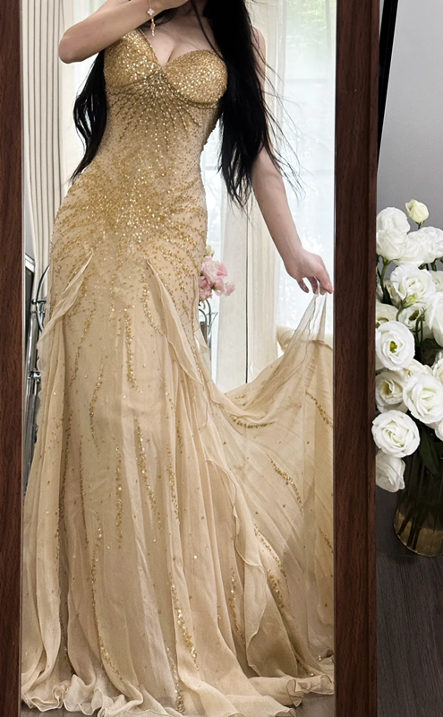 Champagne nude strapless fitted waist bodycon sexy long ball gown R7750