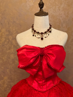 Red Strapless Waist-Cinched Puffball Skirt Floor-Length Ball Gown, Bridal Gown R7361