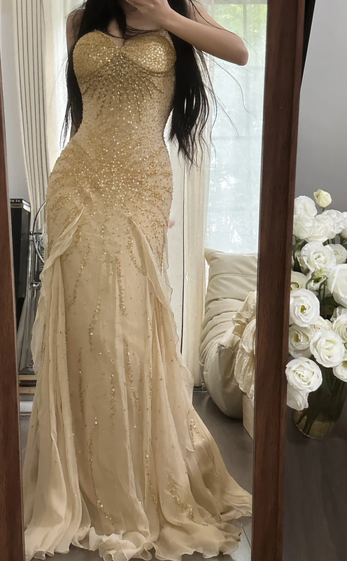 Champagne nude strapless fitted waist bodycon sexy long ball gown R7750