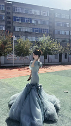 Gray-blue off-shoulder fitted waist bodycon mermaid long ball gown R8699