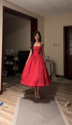 Red halter-neck, fitted waist, full skirt, long ball gown R7555