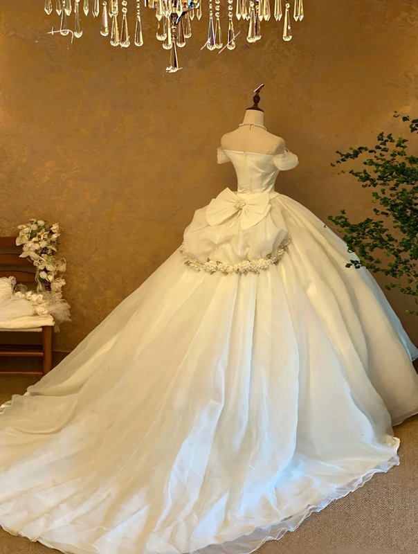 White Off-the-Shoulder Waist-Cinched Puffball Skirt Ball Gown, Bridal Gown R7362
