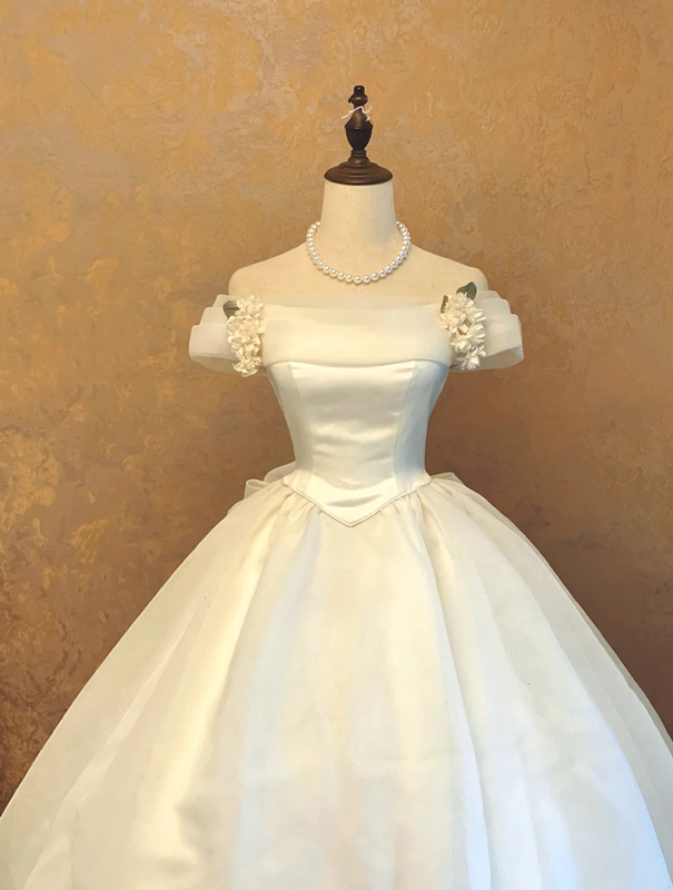 White Off-the-Shoulder Waist-Cinched Puffball Skirt Ball Gown, Bridal Gown R7362