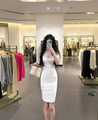White halter-neck fitted bodycon midi ball gown R7783