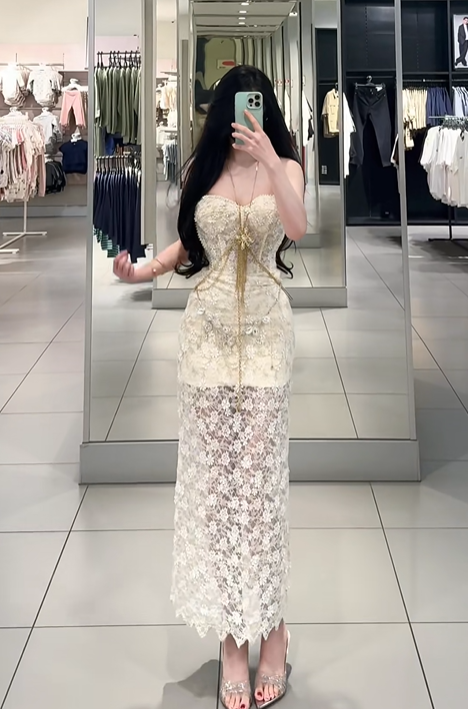 Light apricot strapless fitted waist slim lace skirt sexy long ball gown R7904