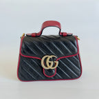 Gucci Black/Red Diagonal Quilt Leather Mini GG Marmont Bag