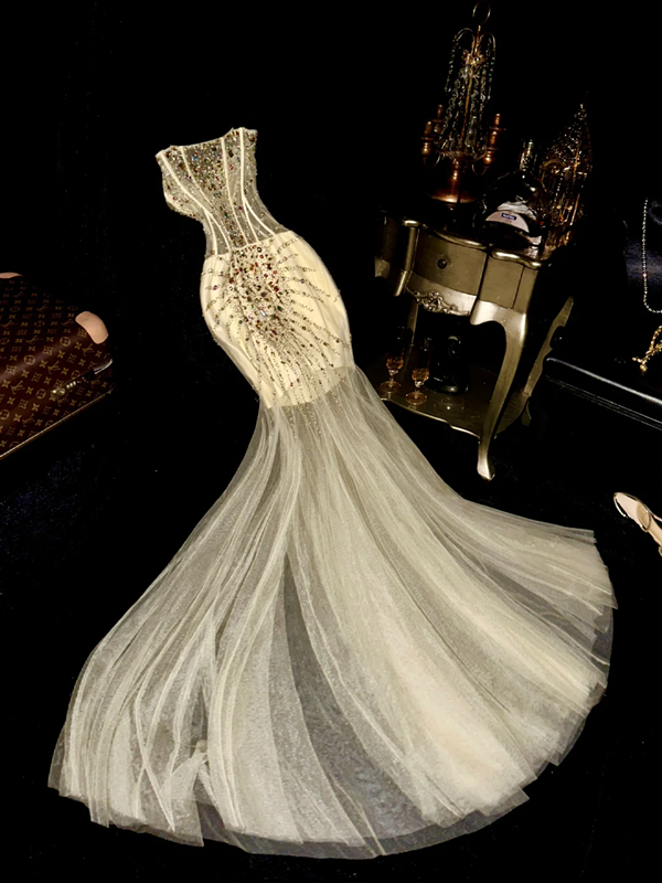 Apricot strapless fitted waist fairy long ball gown R6958