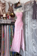 Light pink halter neck fitted waist slim silhouette pleated slit sexy long ball gown R7591