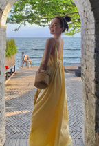 Yellow suspender dress loose lazy style backless sexy beach dress holiday long dress R1587