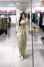 Light green floral print strapless fitted waist sexy long ball gown R7906